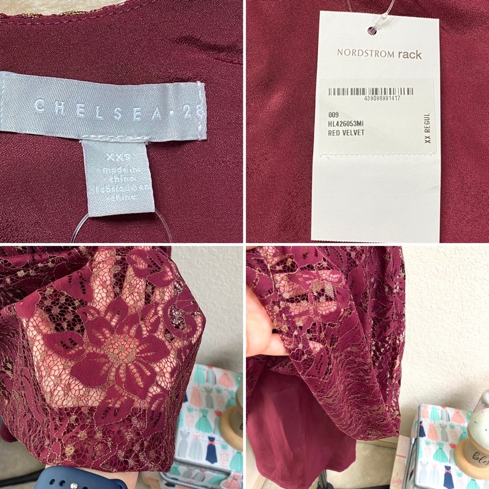 Chelsea28 Red Velvet/Burgundy Metallic Floral Lace Fit & Flare Dress
Size XXS - Picture 6 of 14